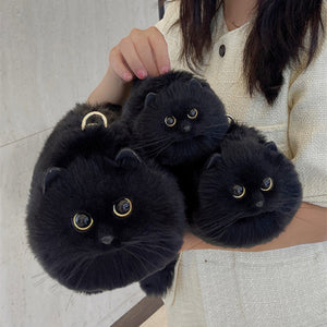 Handmade Plush Cat Bag in black with artificial wool, featuring a small, stylish design